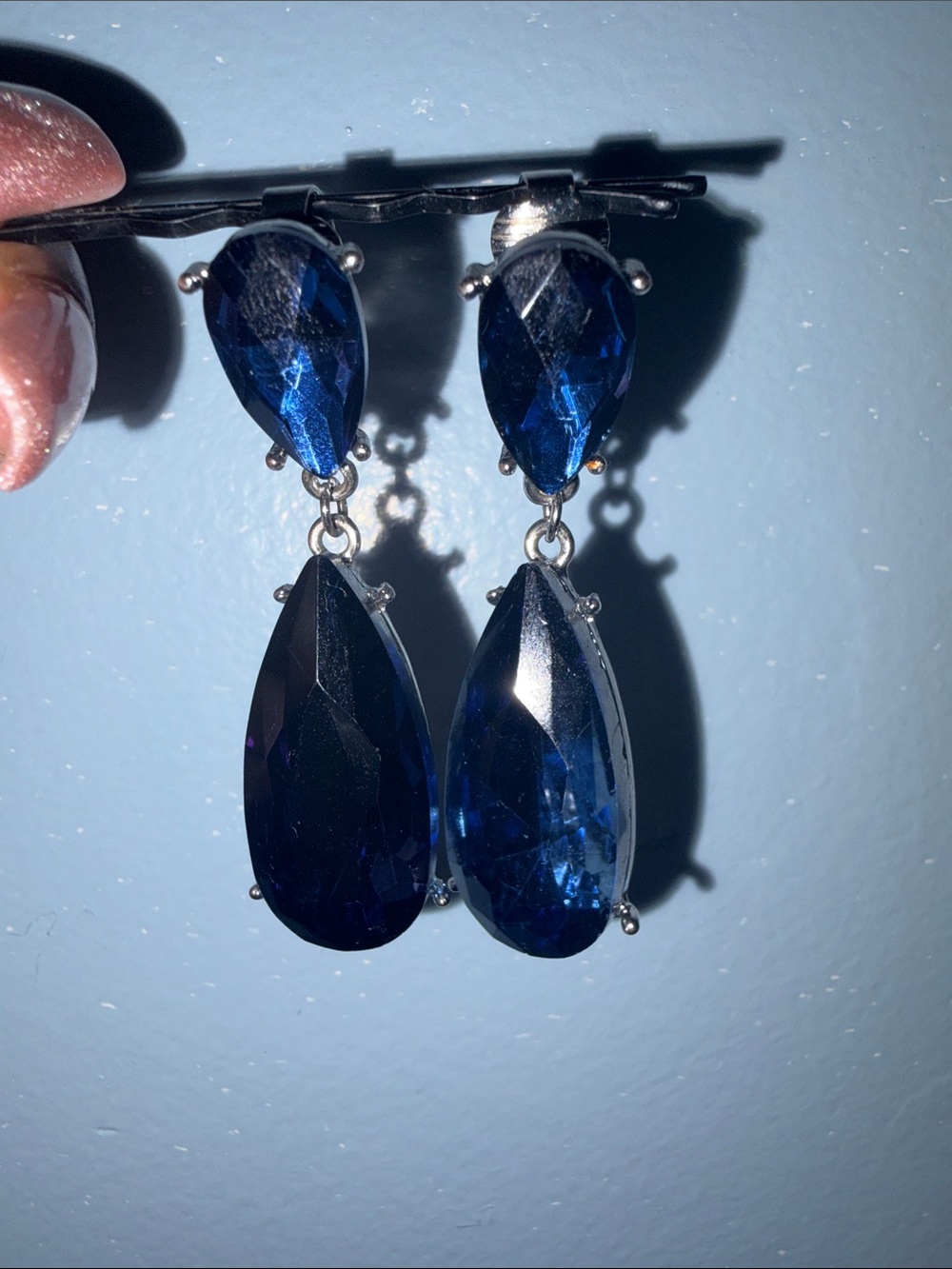 Sapphire Teardrop Crystal Dangle Clip on
Earrings - Blue
